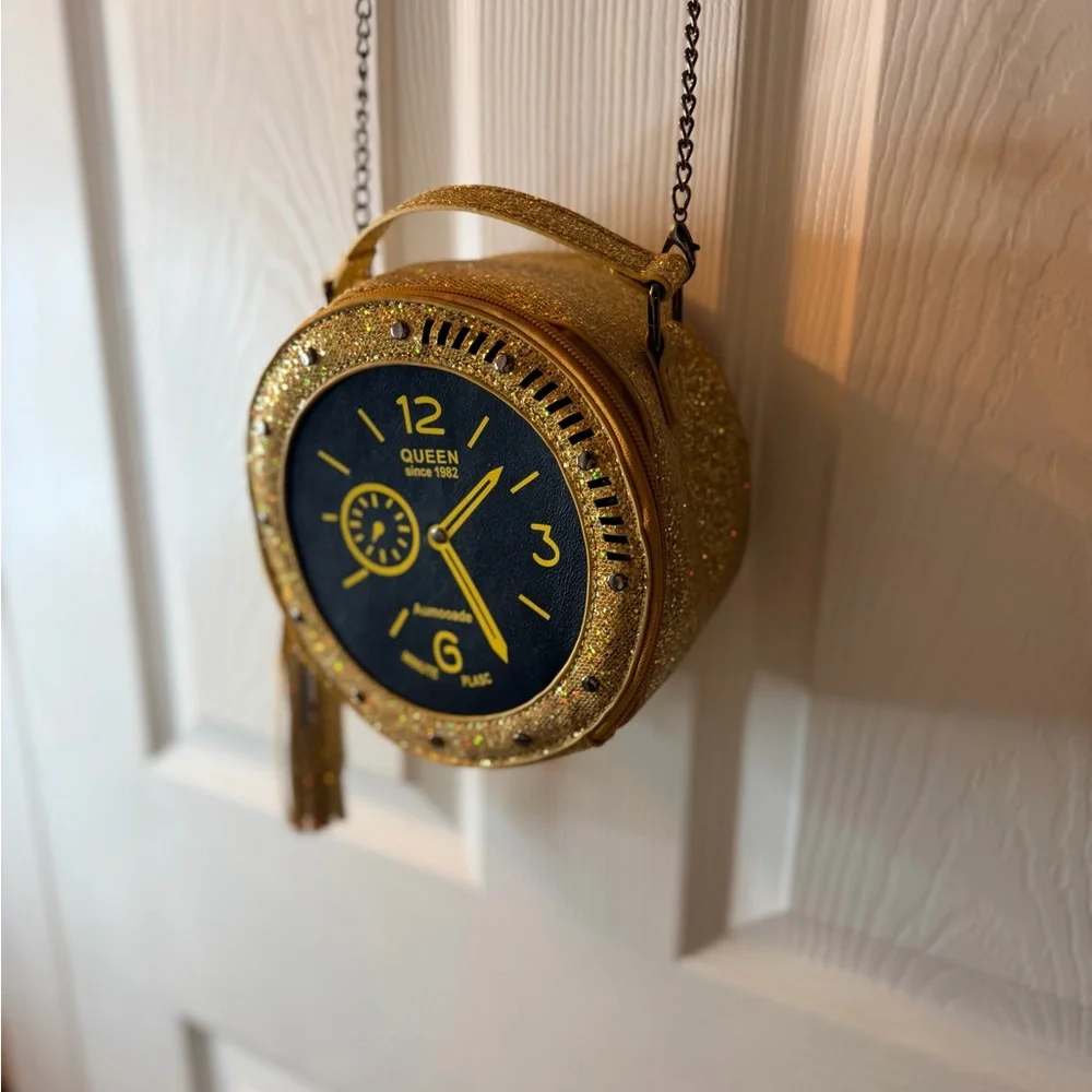 Queen Gold and Black Glitter Clock Chain  Shoulder Evening Handbag - Picture 4 of 5